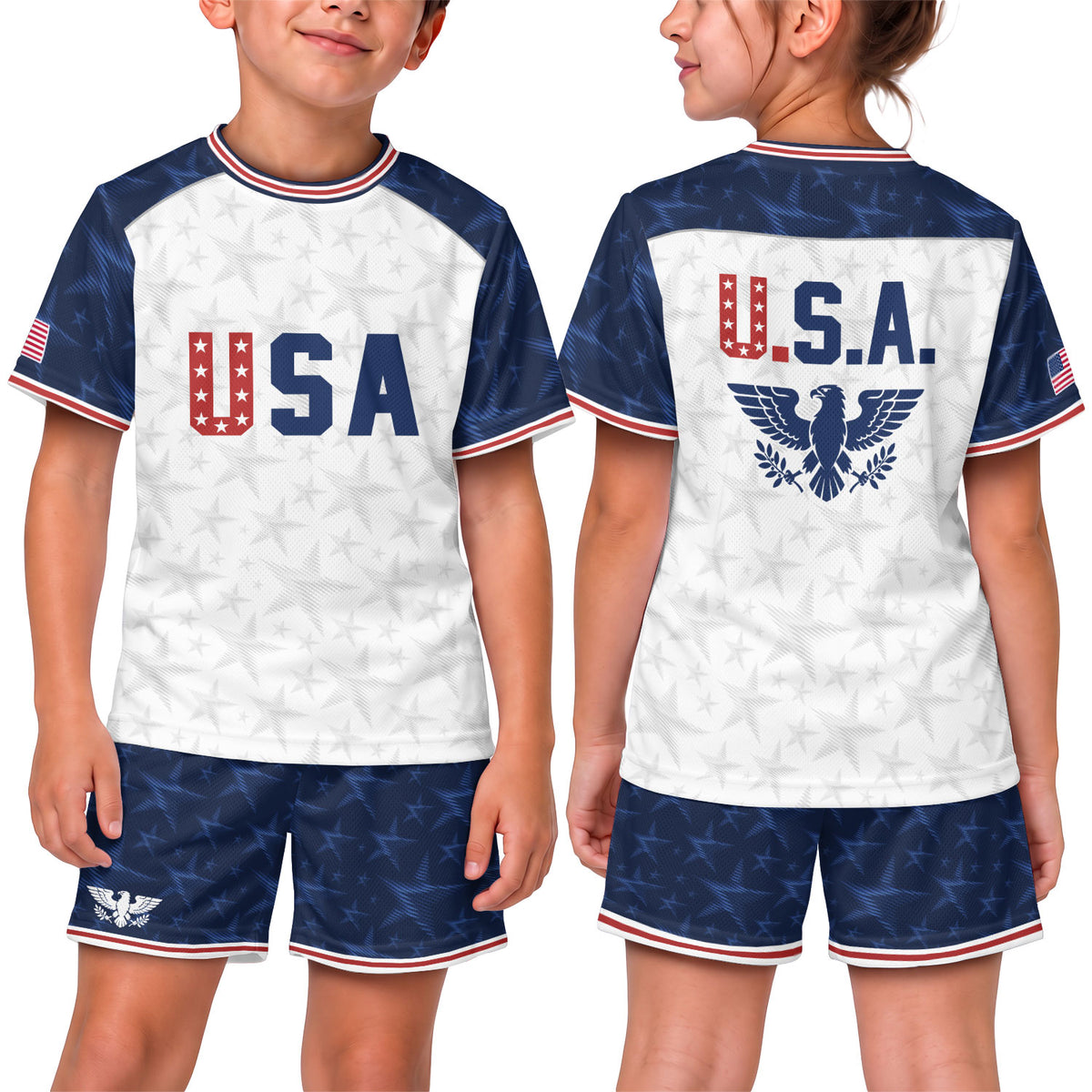 USA Kids Soccer Jersey Youth White Blue Raglan Patriotic Stars Eagle Football Shirt - Rust Field Wear
