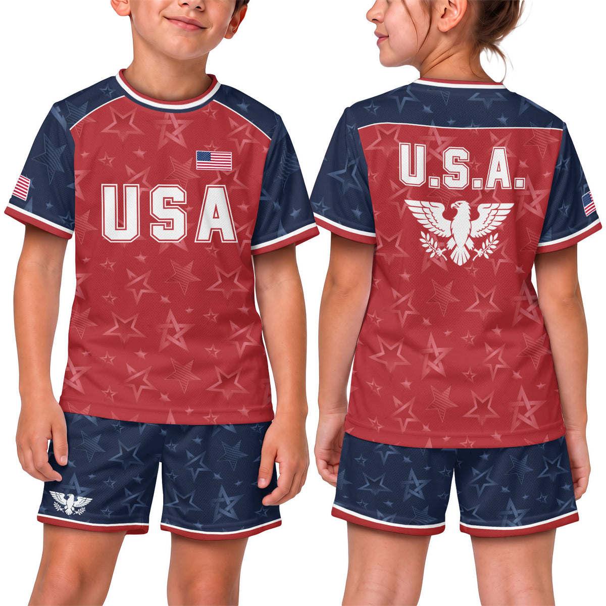 USA Kids Soccer Jersey Youth Red Blue Raglan Patriotic Stars Eagle Football Shirt - Rust Field Wear