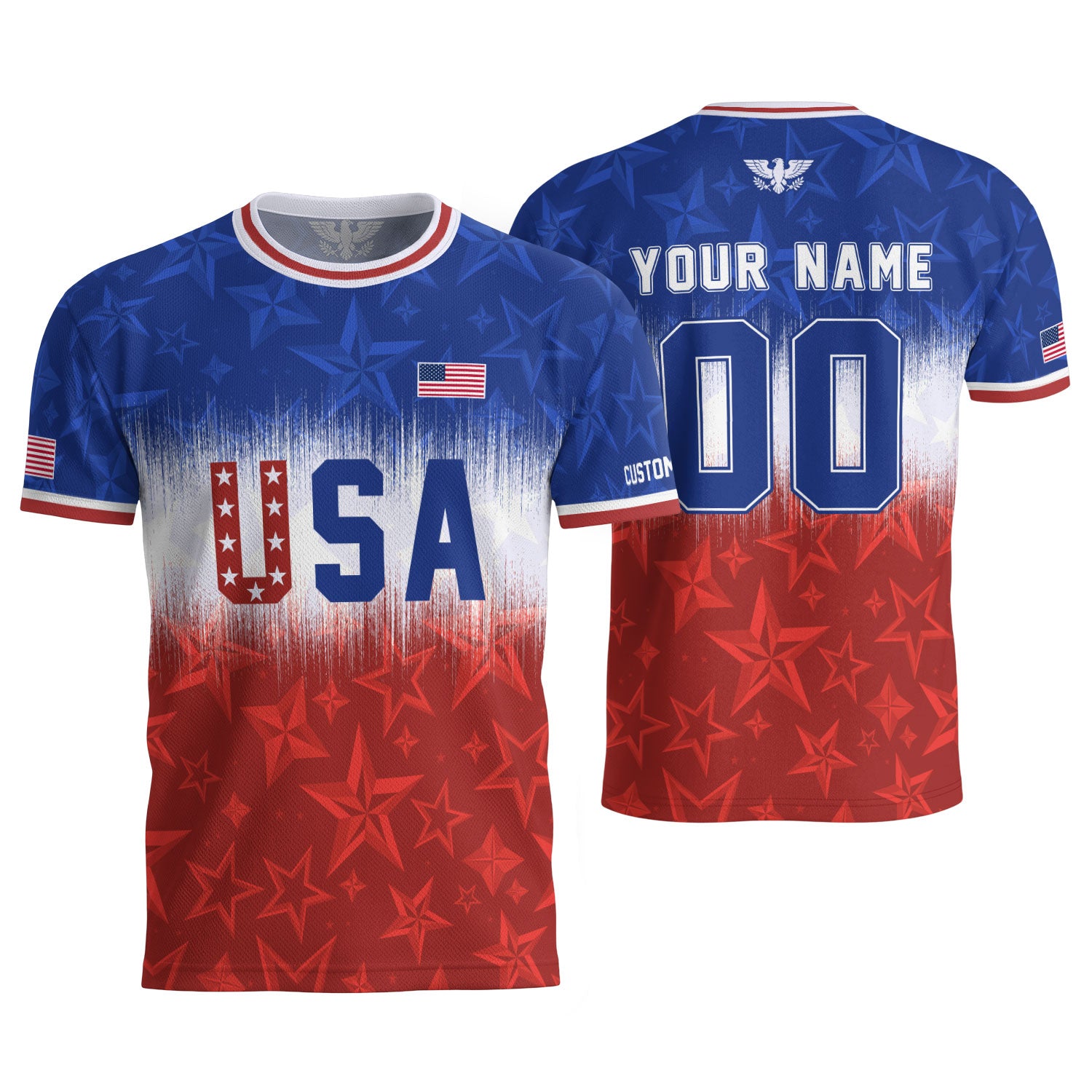 Customized USA Soccer Jersey Crewneck Ombre Stars Patriotic Graphic Tee Athletic Top