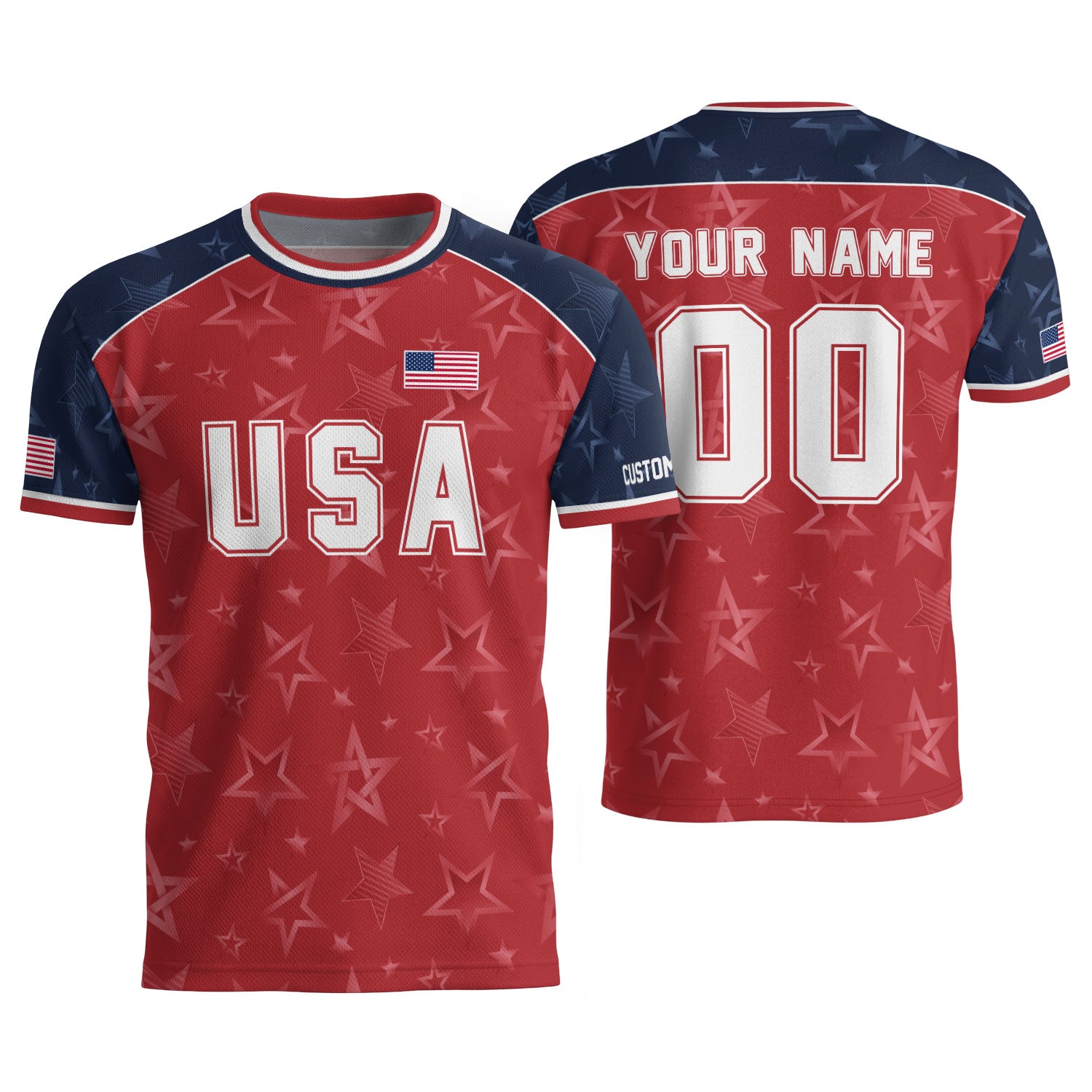 Custom Name Number USA Soccer Jersey Red Raglan Patriotic Stars Football Team Shirt