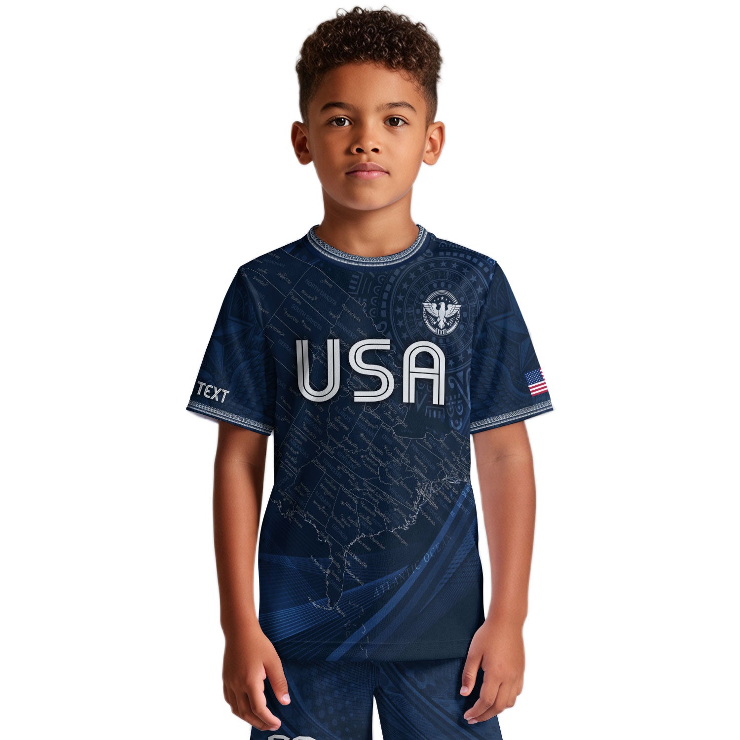Custom Youth USA Soccer Outfit Navy Blue Jersey and Shorts with Personalized Details