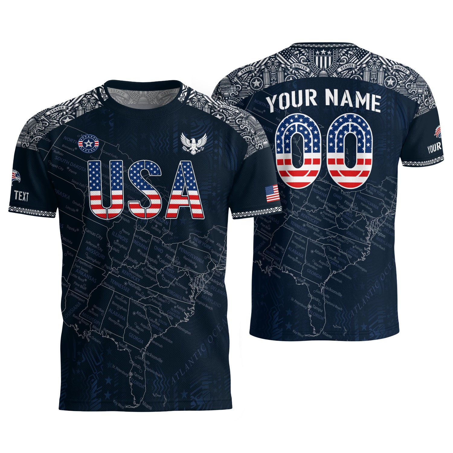Custom Name Number USA Soccer Jersey Vintage Map Patriotic Navy Blue Football Team Shirt