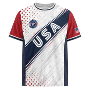 Adult USA Soccer Jersey White Navy Patriotic Diagonal Sash Polka Dot United States Tee - Rust Field Wear