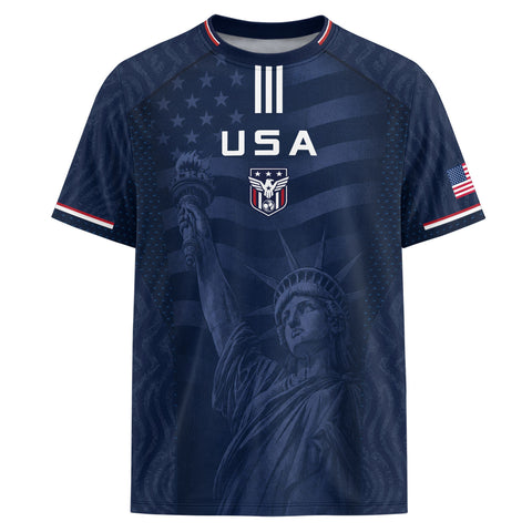 Adult USA Soccer Jersey Navy Patriotic Statue of Liberty Artistic Graphic Football Tee - Rust Field Wear