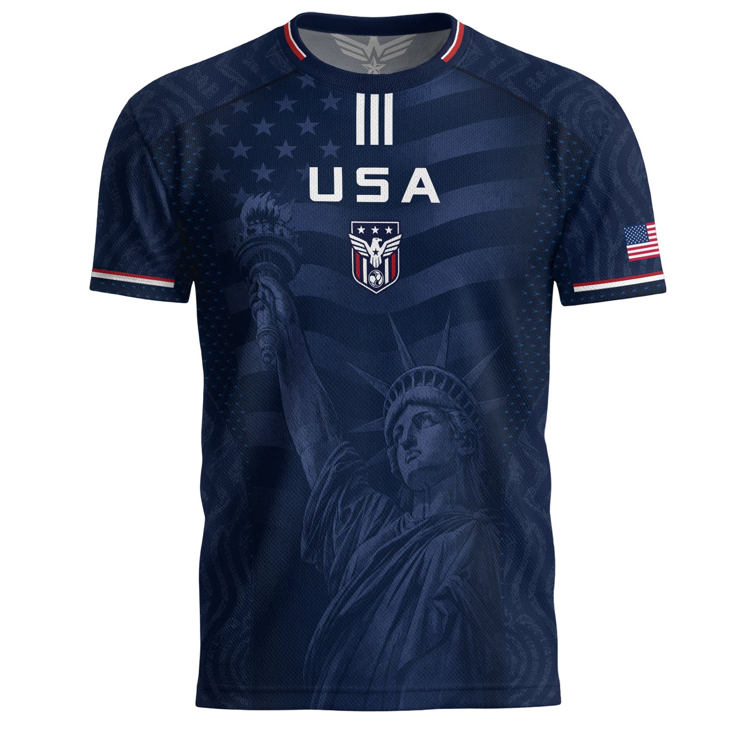Adult USA Soccer Jersey Navy Patriotic Statue of Liberty Artistic Graphic Football Tee