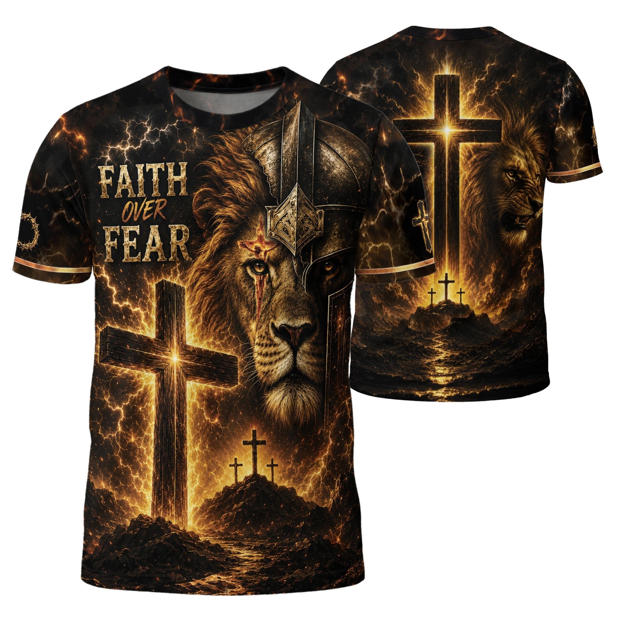 Faith Over Fear Lion Cross Warrior 3D Graphic Christian T Shirt Apparel Men Clothing - Rust Field Wear