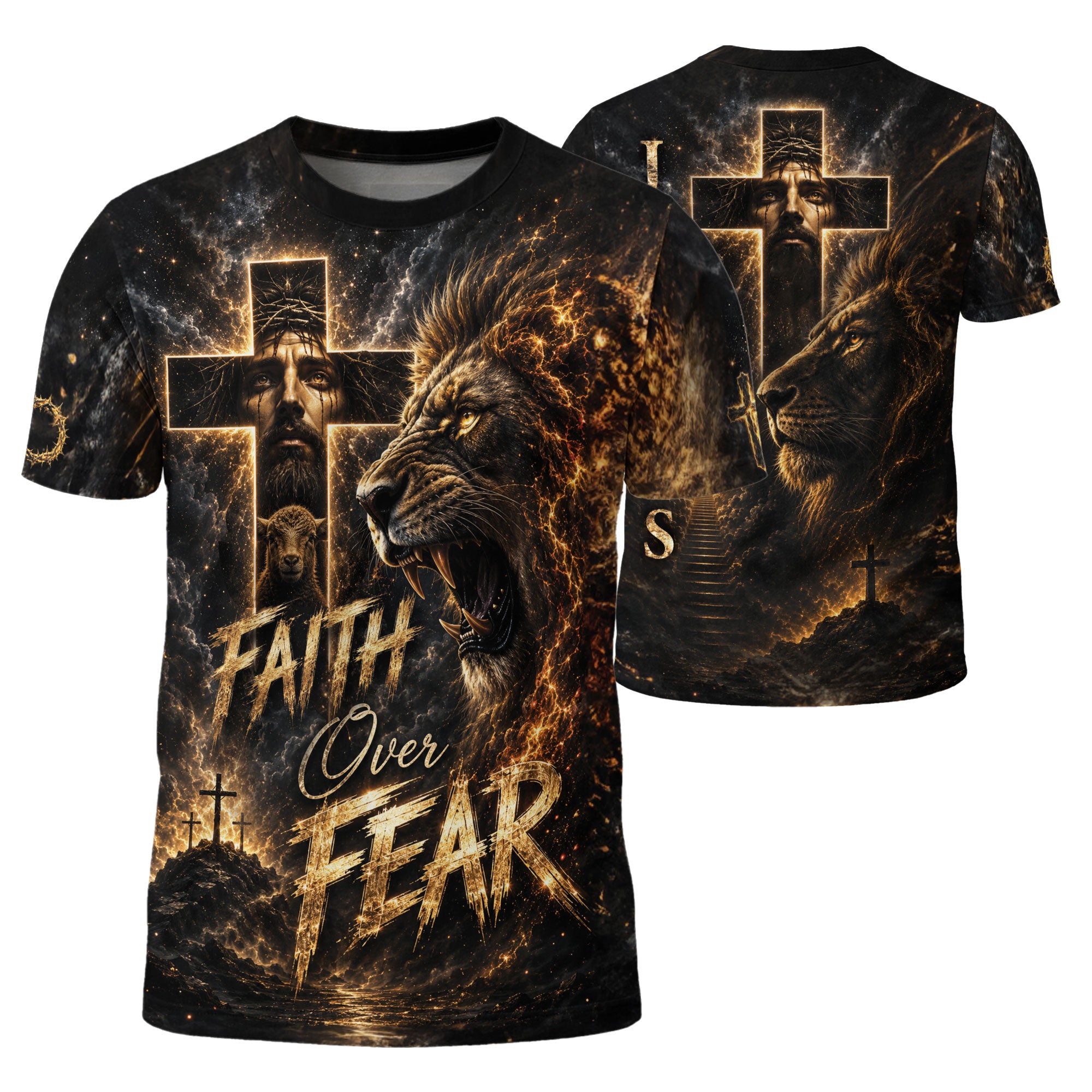 Faith Over Fear Jesus Lion Cross 3D Graphic Christian T Shirt Apparel Men Clothing - Rust Field Wear