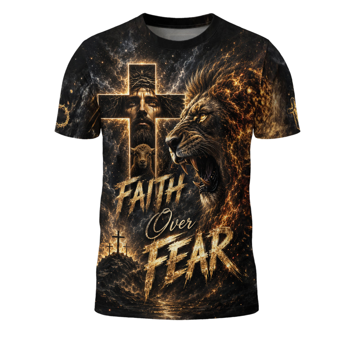 Faith Over Fear Jesus Lion Cross Graphic - Christian Tee Shirts, Christian Shirts for Men - Rust Field Wear