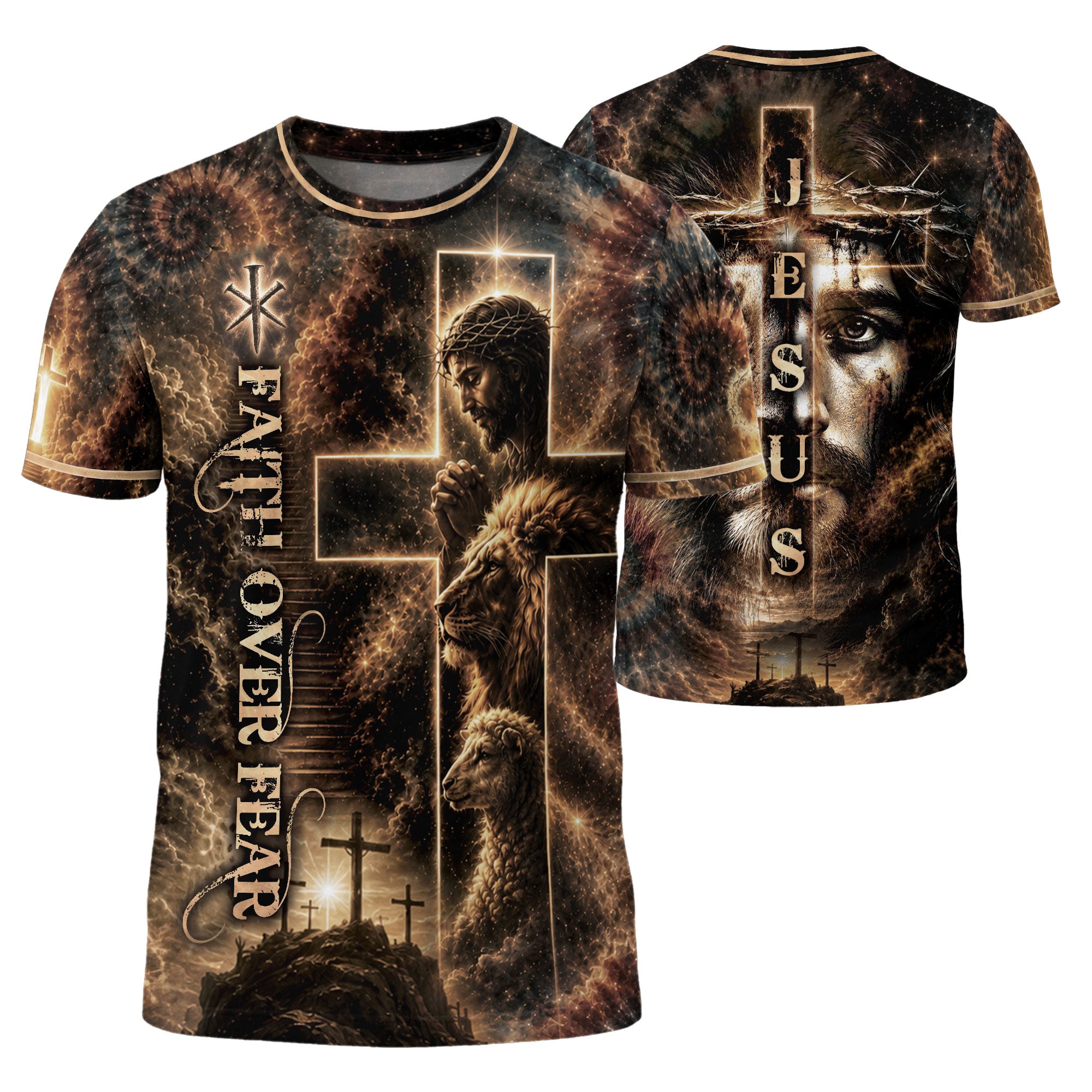 Jesus Lion Cross Faith Over Fear 3D Graphic Christian T Shirt Apparel Men Clothing - Rust Field Wear