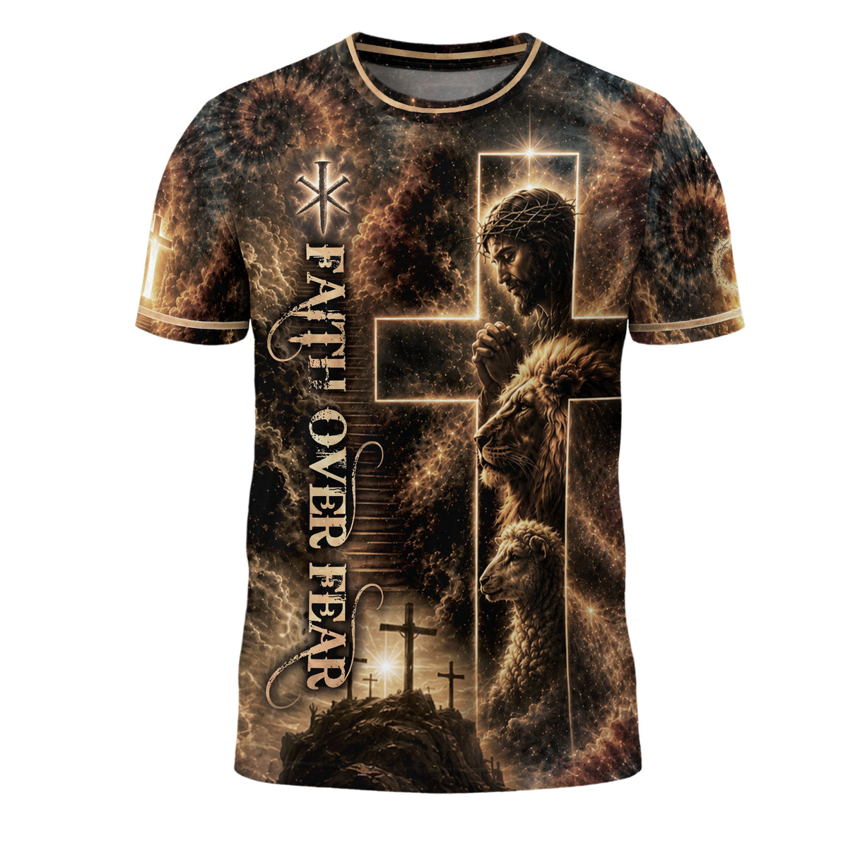 Jesus Lion Cross Faith Over Fear Graphic - Christian Shirts for Men, Christian Tee Shirts - Rust Field Wear
