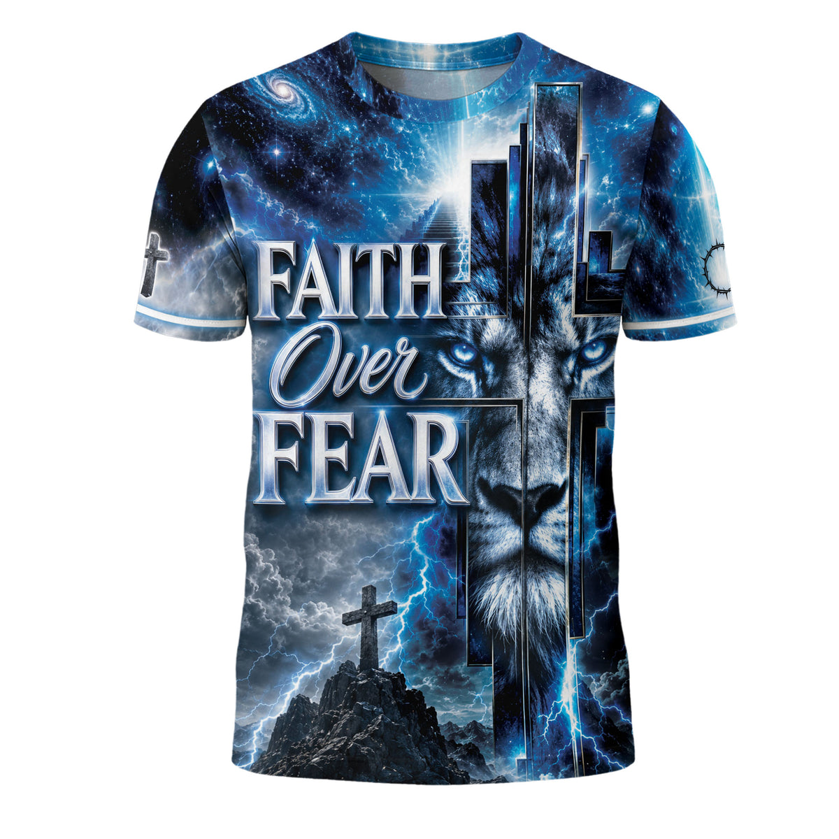 Christian Tee Shirts, Christian Shirts for Men - Faith Over Fear Lightning Lion Cross Graphic - Rust Field Wear