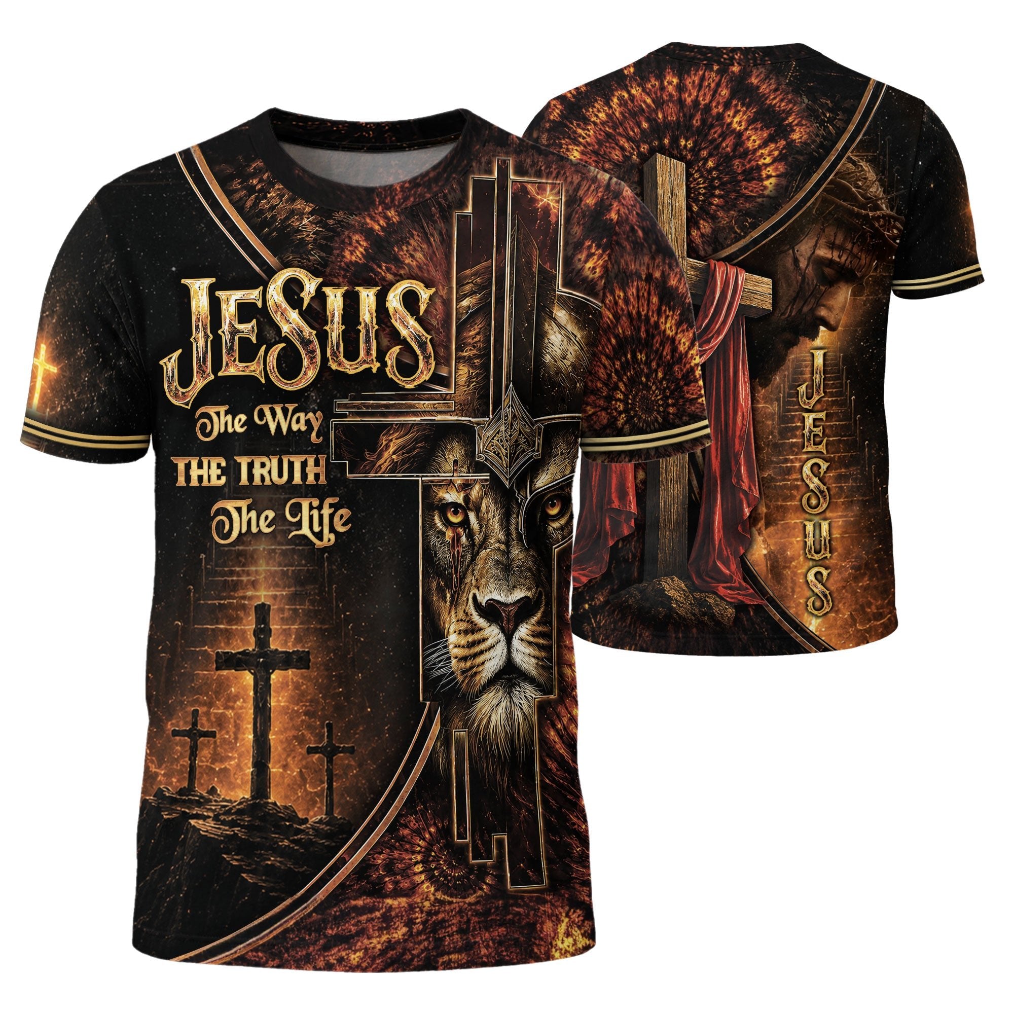 Jesus The Way The Truth The Life Lion Cross Christian Faith Christian Faith Design - Christian Tee Shirts, Christian Shirts for Men - Rust Field Wear