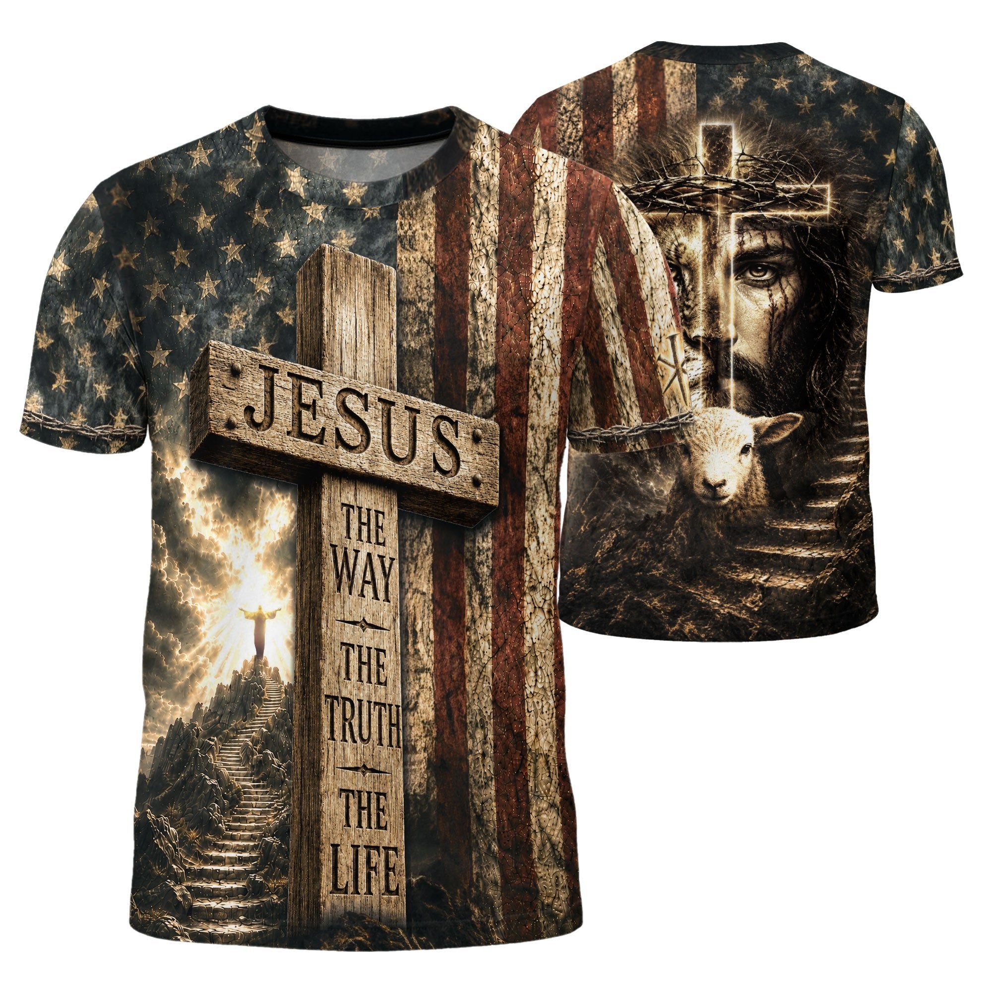 Christian Shirts for Men - Jesus The Way The Truth The Life Cross Flag Lamb Christian, Christian Tee Shirts - Rust Field Wear
