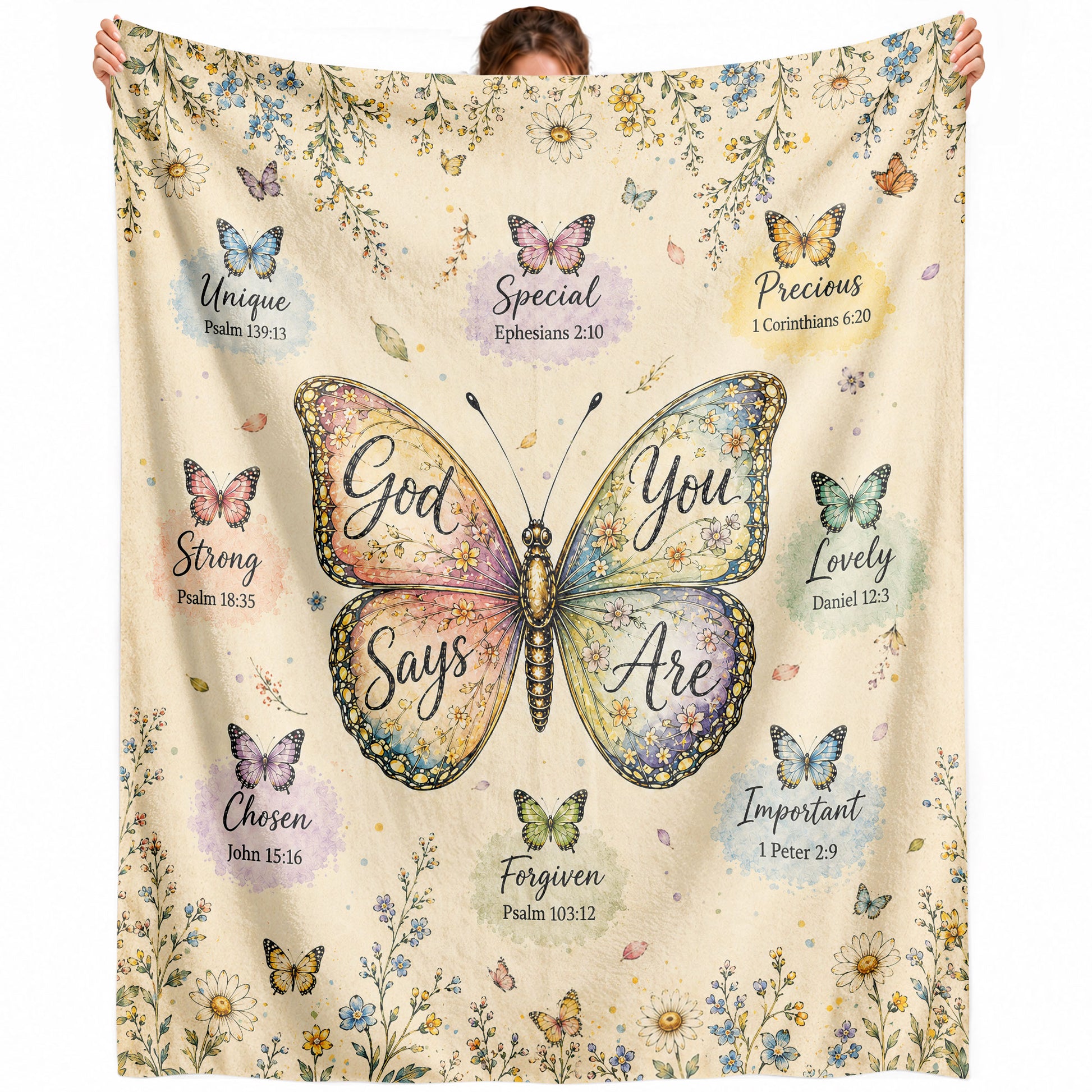 God Says You Are Butterfly Blanket with Bible Verses and Christian Floral Artwork upsale - Rust Field Wear