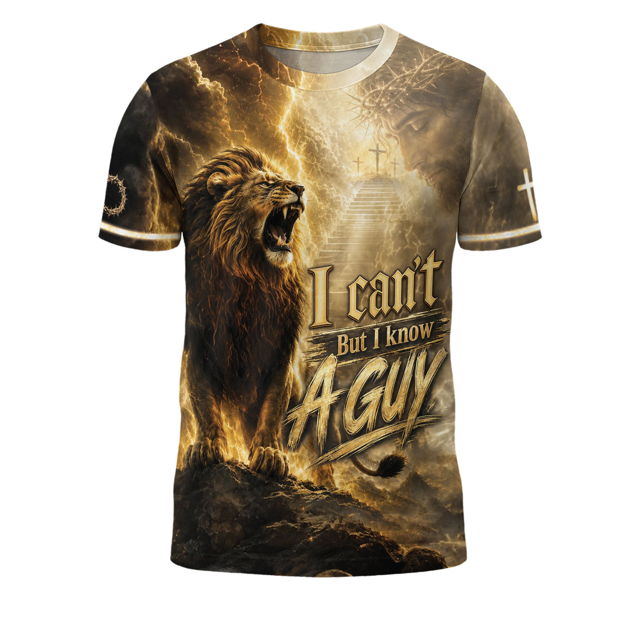 I Can't But I Know A Guy Jesus Shirt Christian Lion Cross 3D All Over Print Graphic Men - Rust Field Wear
