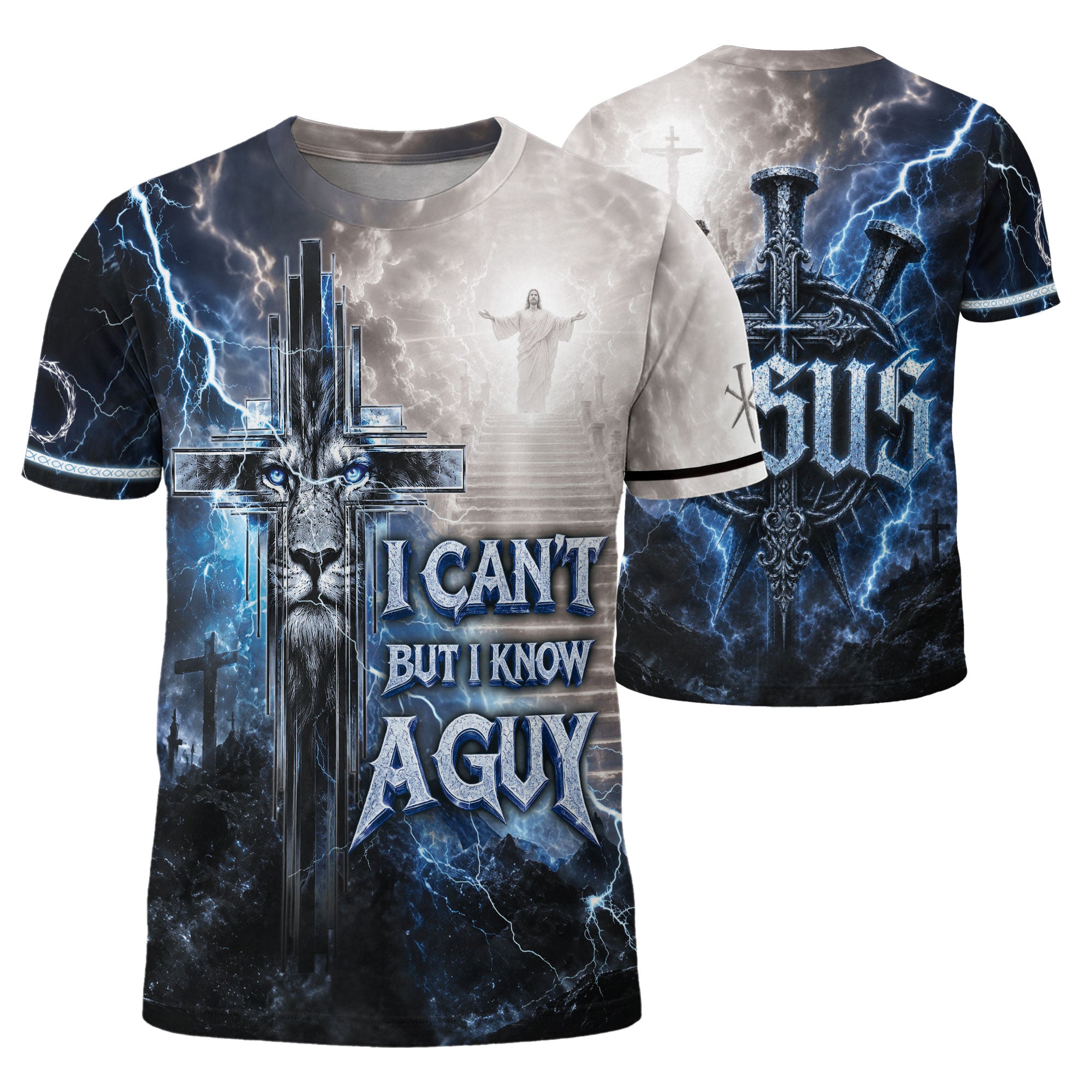 Christian Blue Lightning Lion Cross 3D Men Shirt I Can't But I Know A Guy Jesus Print Tee