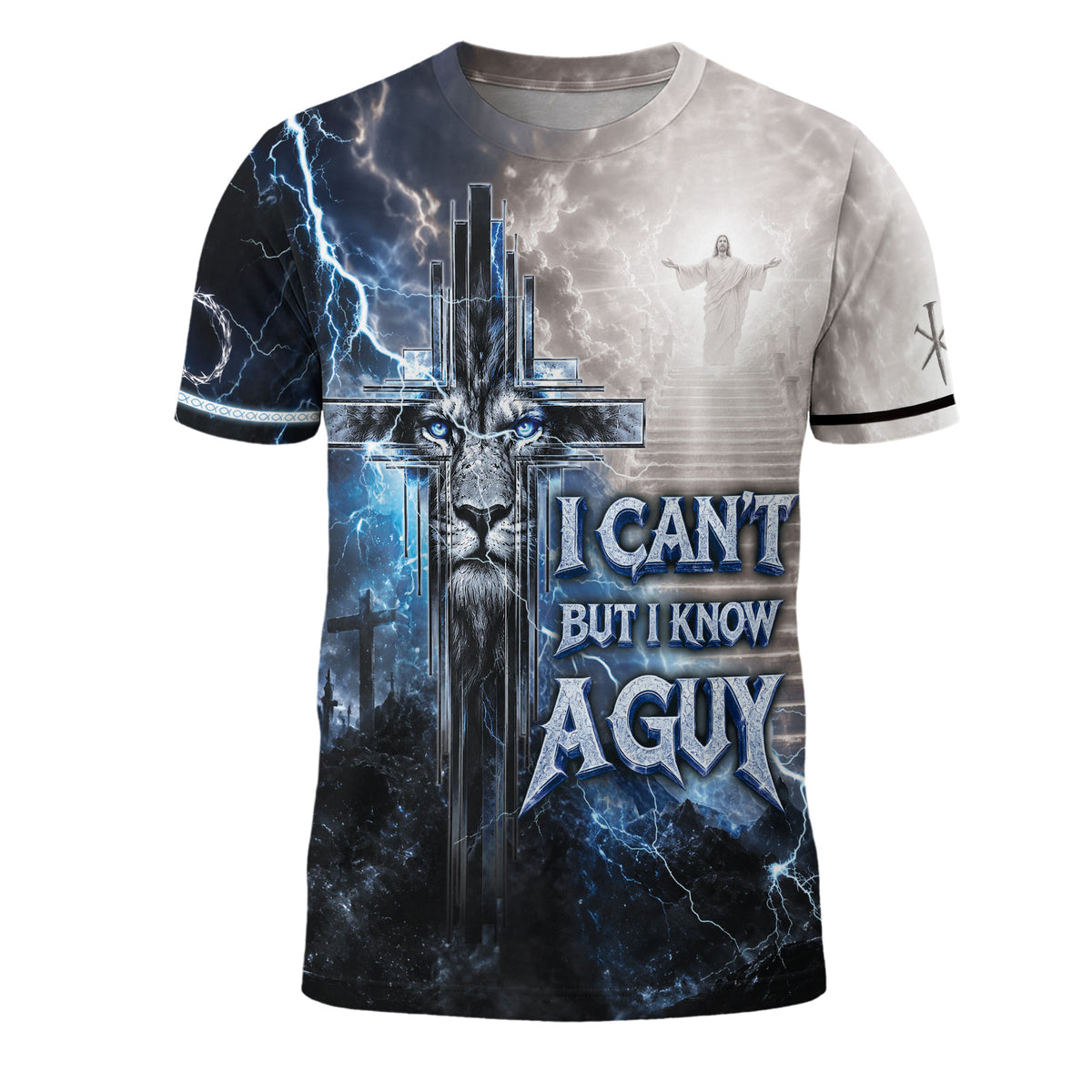 Christian Blue Lightning Lion Cross 3D Men Shirt I Can't But I Know A Guy Jesus Print Tee - Rust Field Wear