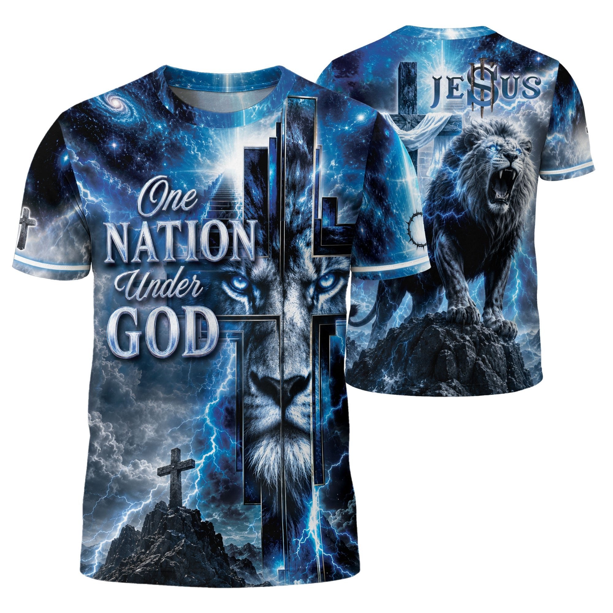 One Nation Under God T Shirt 3D Christian Blue Lion Cross Graphic Lightning Tee - Rust Field Wear