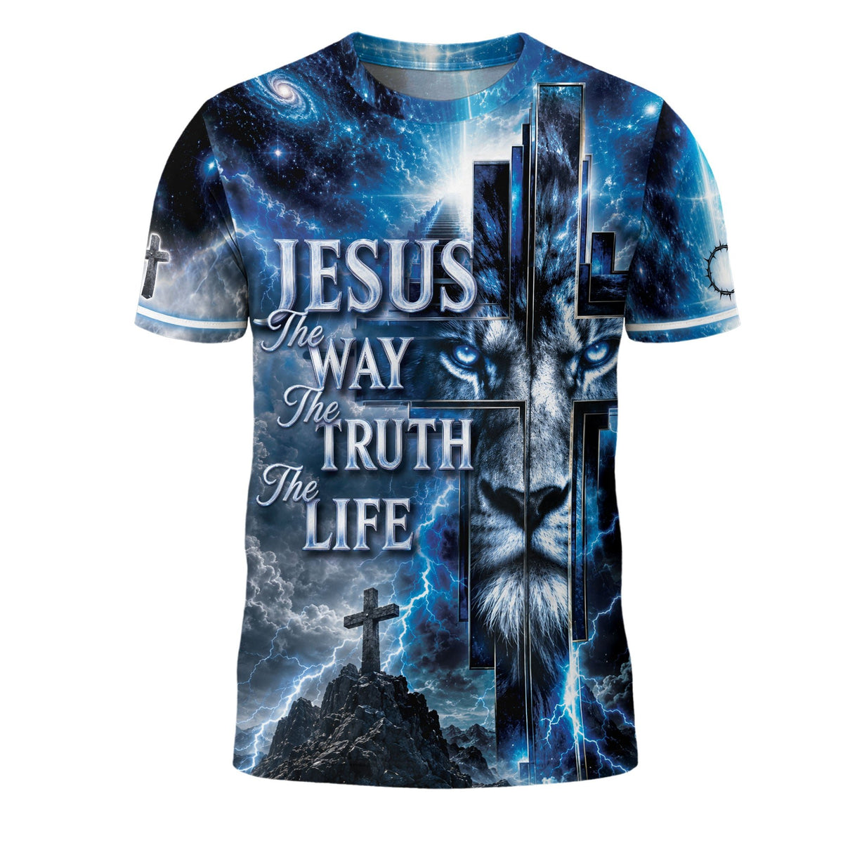 Jesus The Way The Truth The Life Blue Lion Cross Christian Graphic Tee - Christian Tee Shirts, Christian Shirts for Men - Rust Field Wear