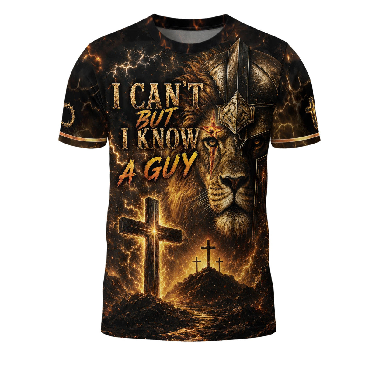 I Cant But I Know A Guy Lion Warrior Cross Christian Graphic Crewneck Faith Graphic, Christian Tee Shirts - Christian Shirts for Men - Rust Field Wear