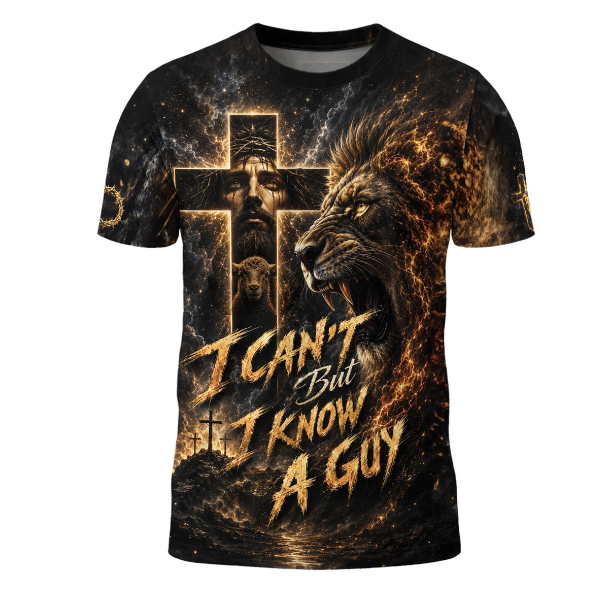 Christian Shirts for Men, I Cant But I Know A Guy Jesus Lion Cross Christian Graphic Crewneck - Christian Tee Shirts - Rust Field Wear