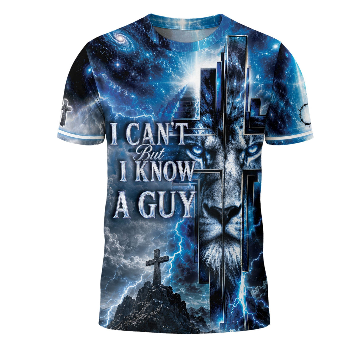 I Cant But I Know A Guy Blue Lion Cross Christian Graphic Crewneck Christian Faith Design - Christian Tee Shirts, Christian Shirts for Men - Rust Field Wear