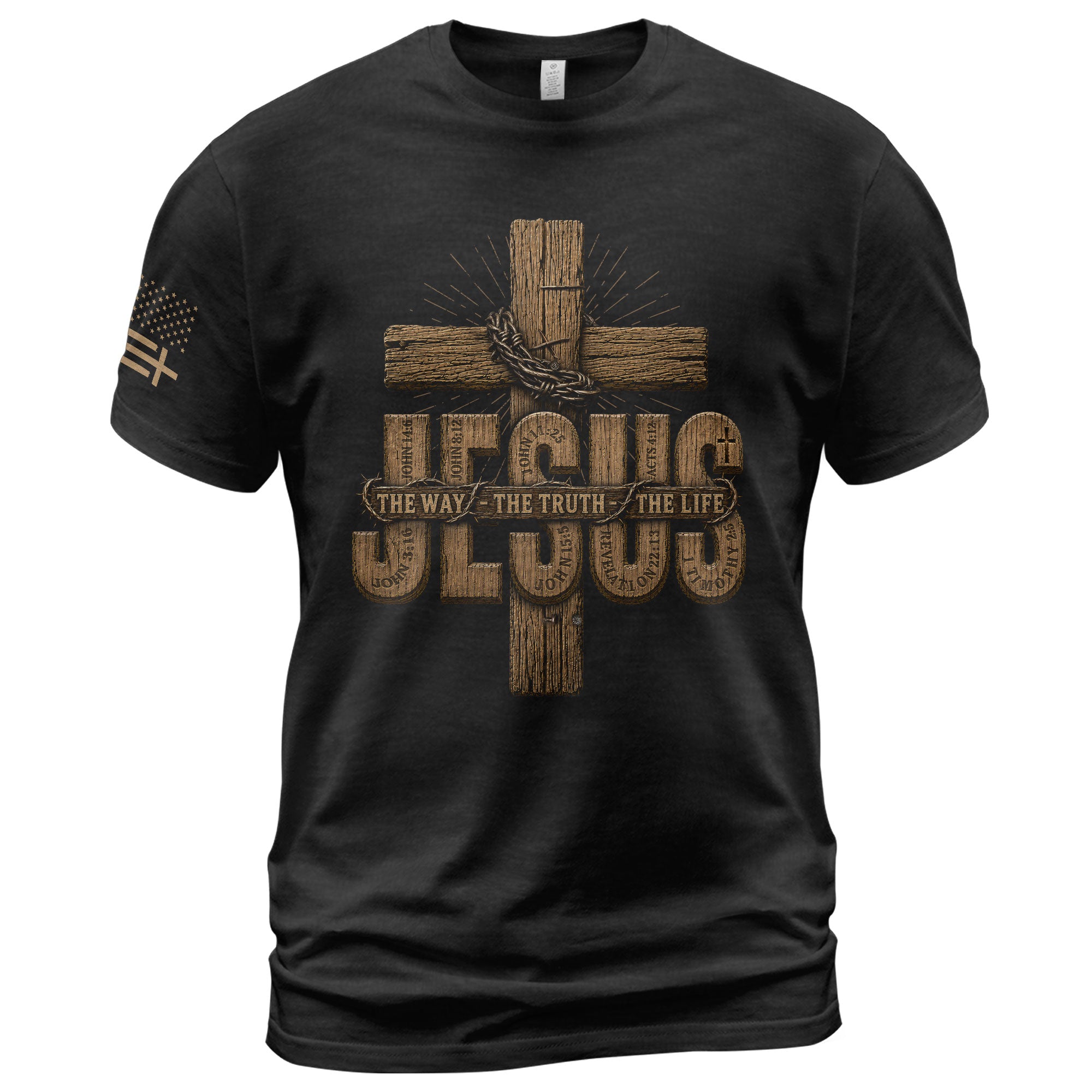 Jesus The Way The Truth The Life Wooden Cross Scripture Christian Graphic Tee Men - Rust Field Wear