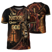 Christian Shirts for Men, One Nation Under God Lion Cross Christian Jesus Golden Graphic - Christian Tee Shirts - Rust Field Wear