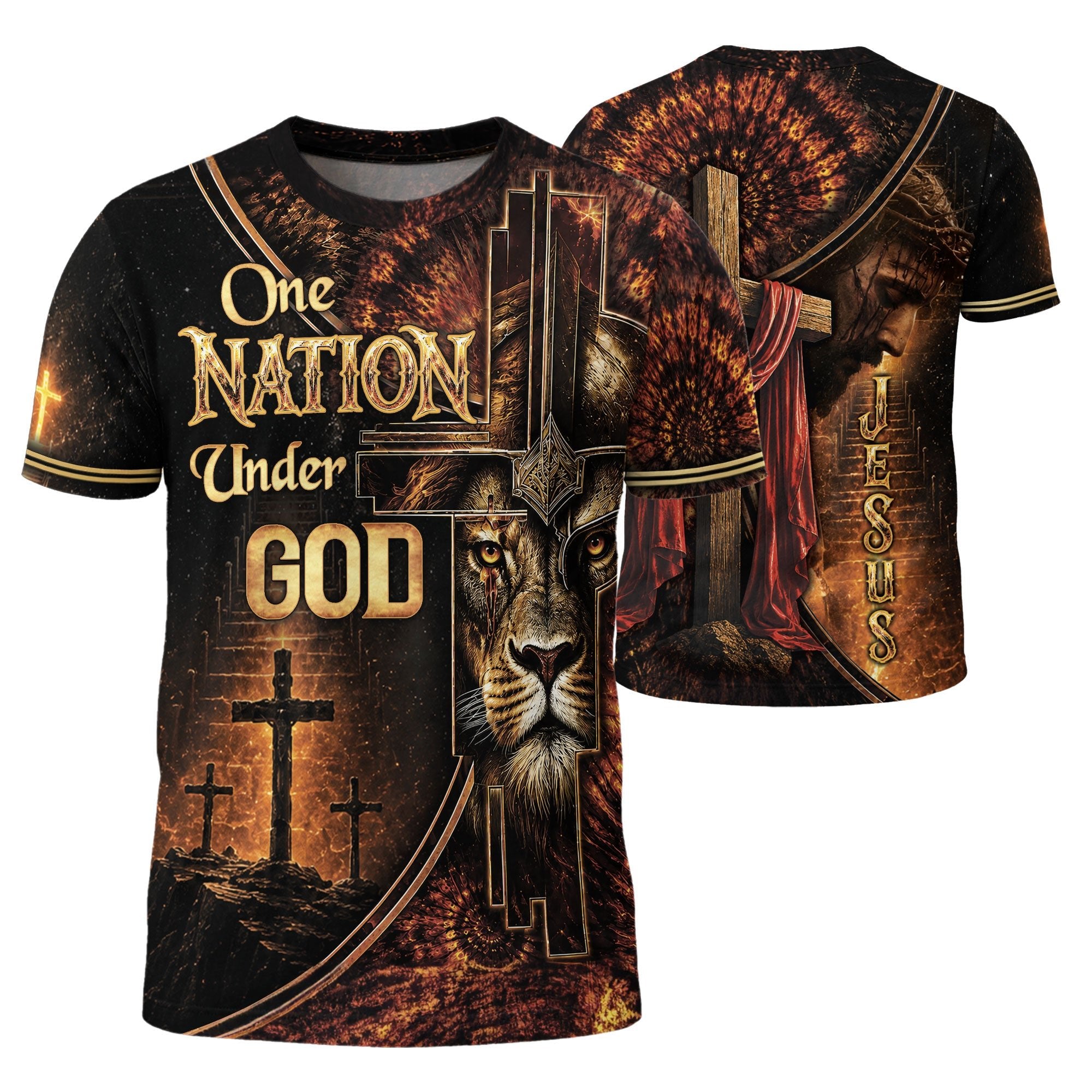 Christian Shirts for Men, One Nation Under God Lion Cross Christian Jesus Golden Graphic - Christian Tee Shirts - Rust Field Wear