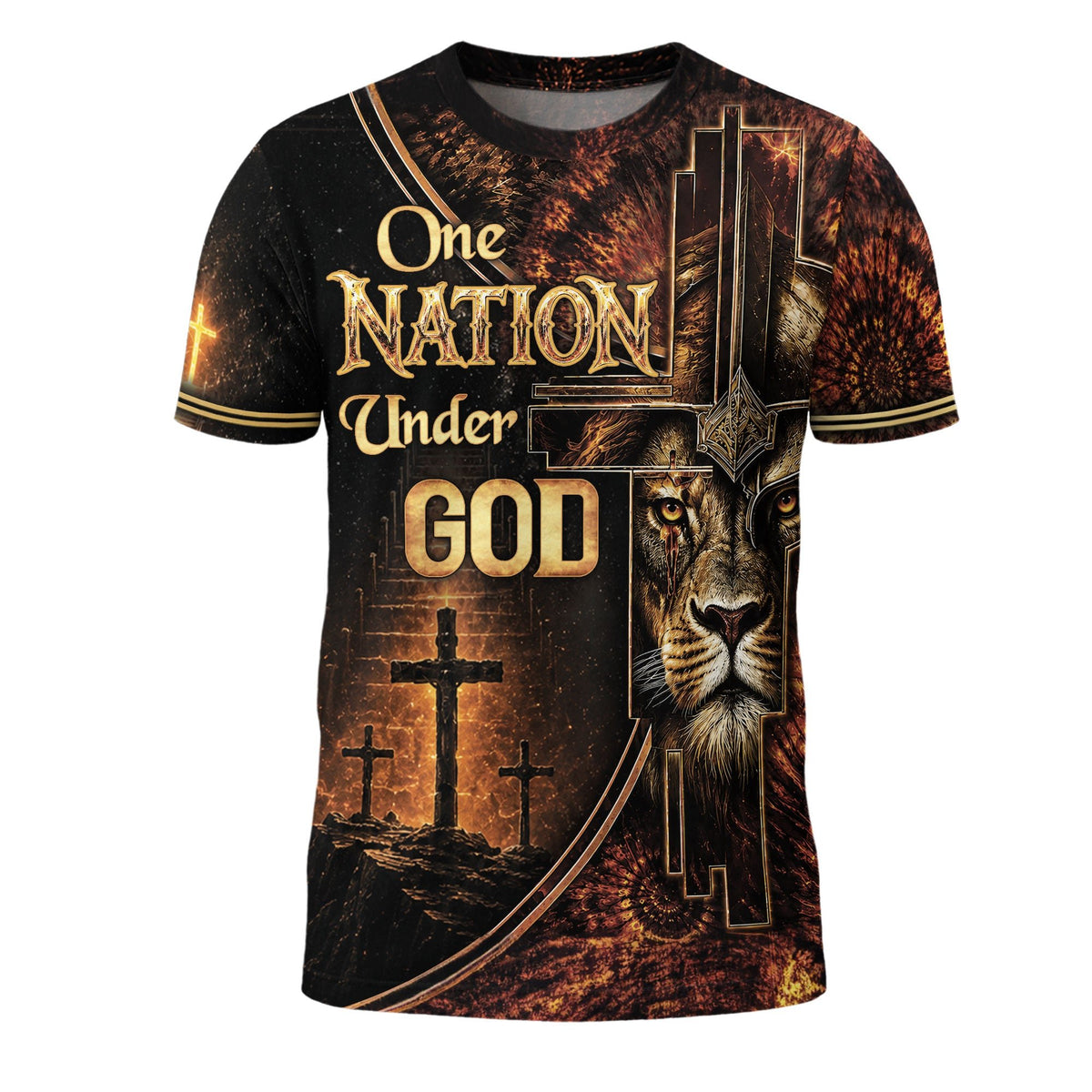 Christian Shirts for Men, One Nation Under God Lion Cross Christian Jesus Golden Graphic - Christian Tee Shirts - Rust Field Wear