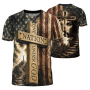 Christian Tee Shirts - One Nation Under God Cross Flag Lamb Christian Patriotic, Christian Shirts for Men - Rust Field Wear
