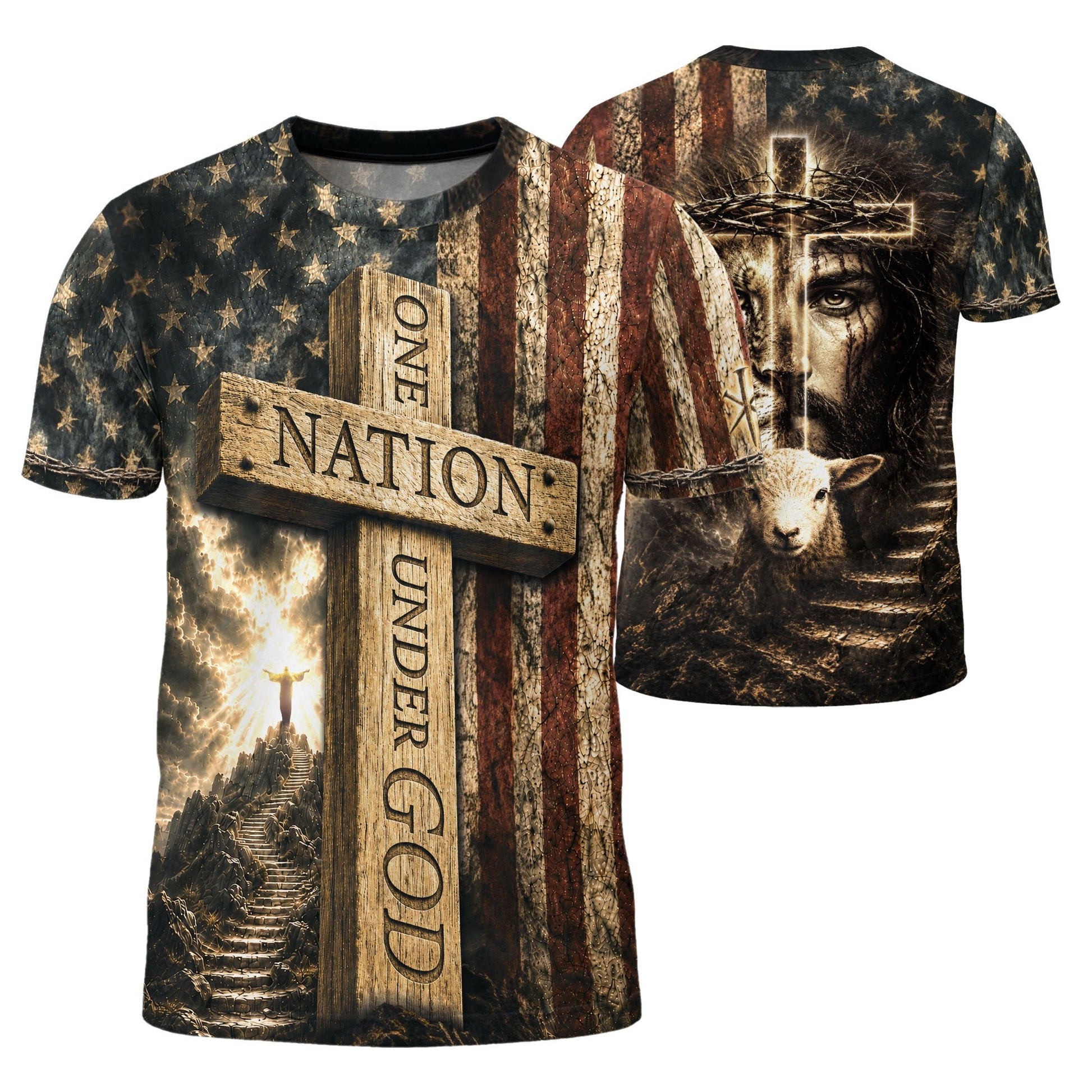 Christian Tee Shirts - One Nation Under God Cross Flag Lamb Christian Patriotic, Christian Shirts for Men - Rust Field Wear