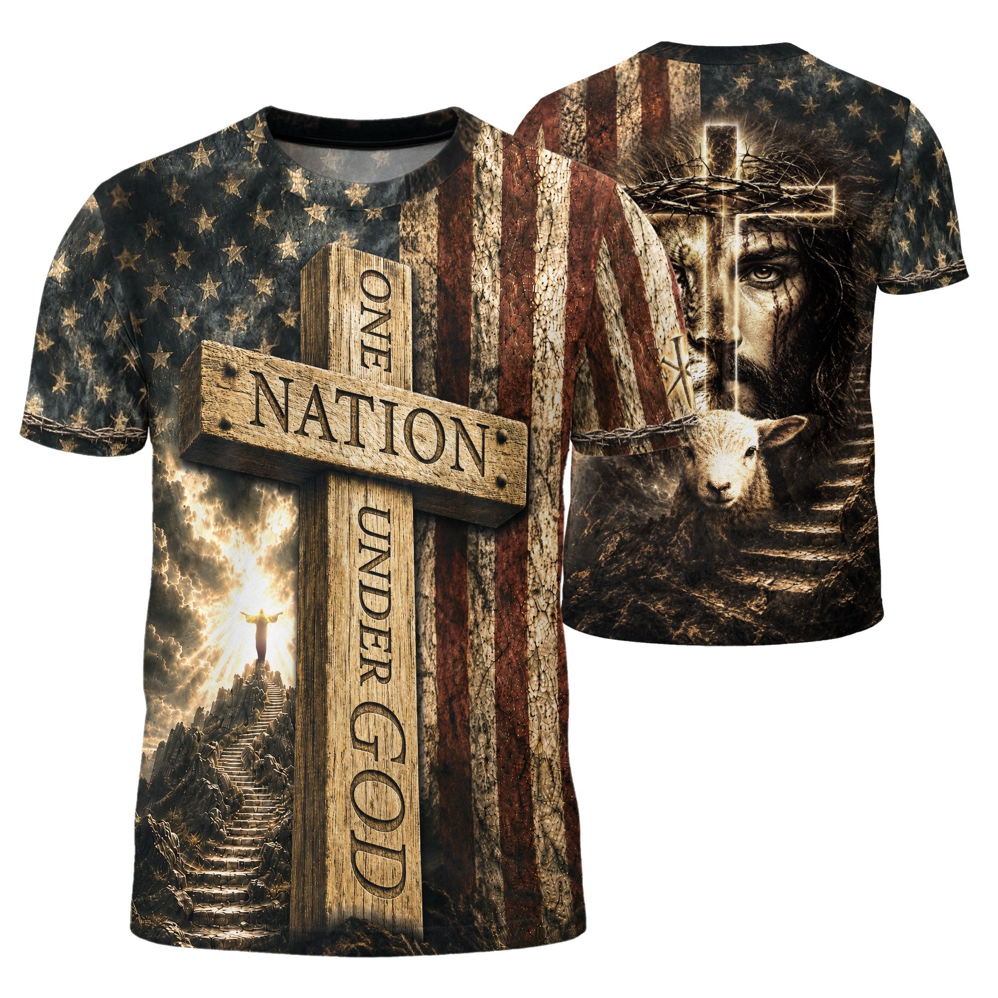 Christian Tee Shirts - One Nation Under God Cross Flag Lamb Christian Patriotic, Christian Shirts for Men - Rust Field Wear