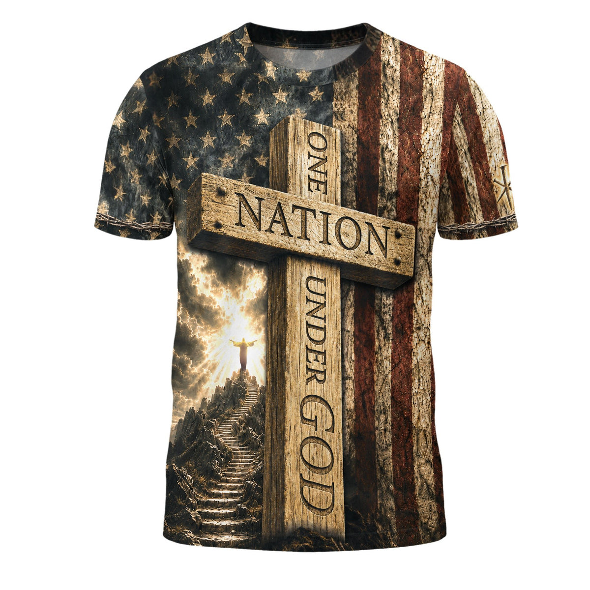 Christian Tee Shirts - One Nation Under God Cross Flag Lamb Christian Patriotic, Christian Shirts for Men - Rust Field Wear