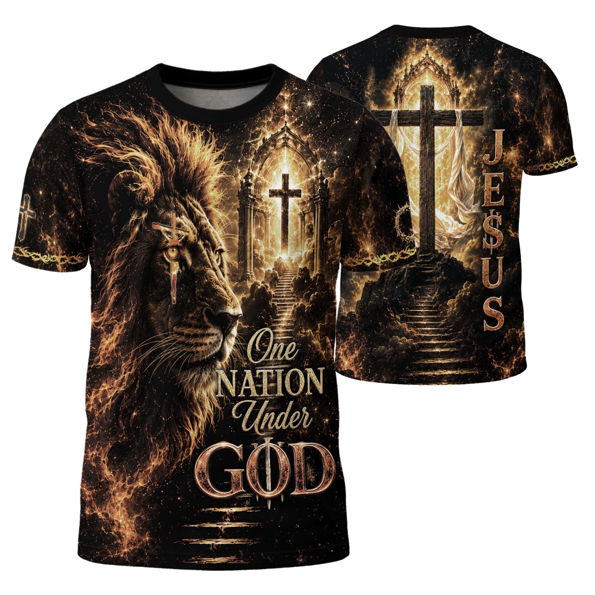 One Nation Under God Lion Cross Christian Jesus Fiery Graphic Christian Faith Design - Christian Tee Shirts, Christian Shirts for Men - Rust Field Wear