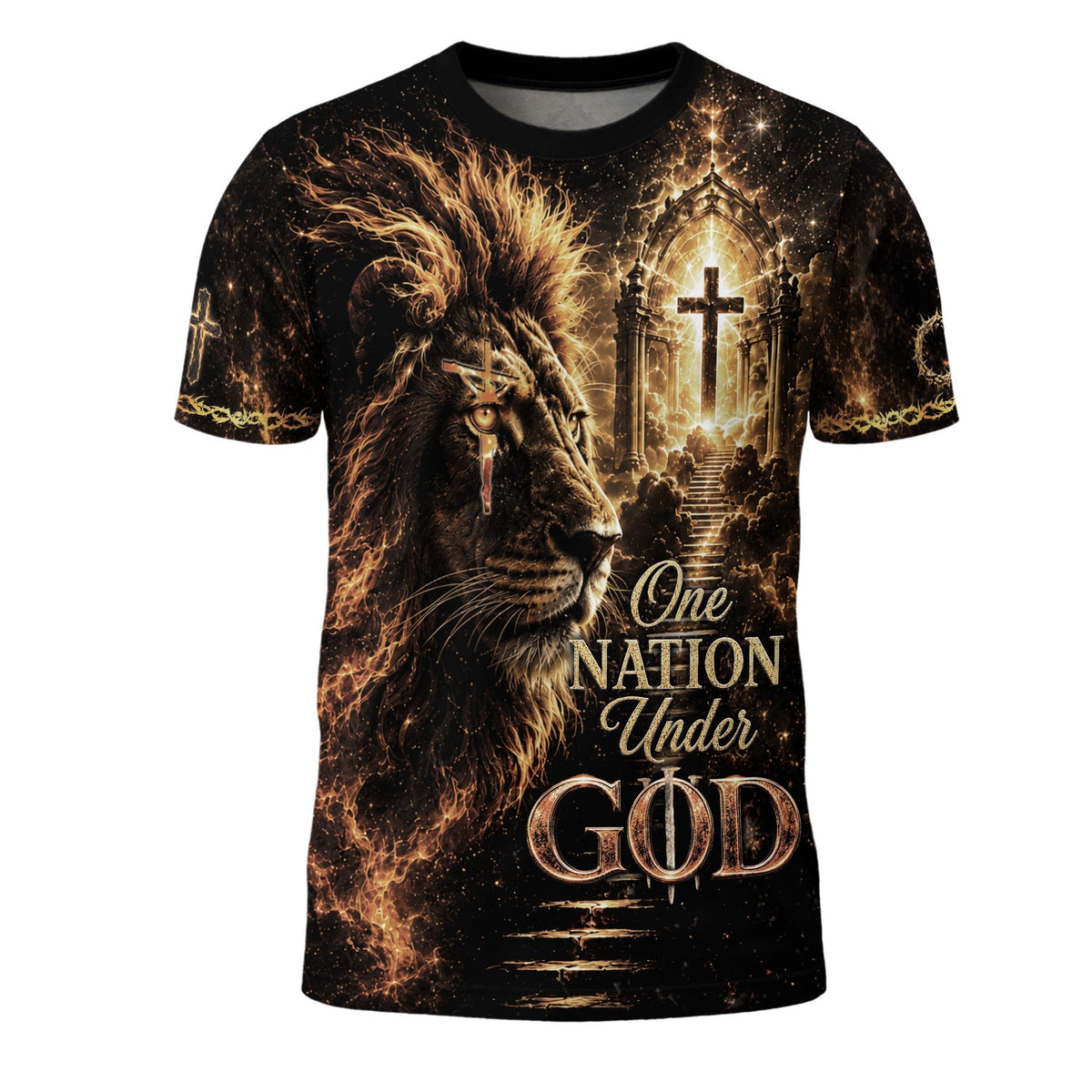 One Nation Under God Lion Cross Christian Jesus Fiery Graphic Christian Faith Design - Christian Tee Shirts, Christian Shirts for Men - Rust Field Wear