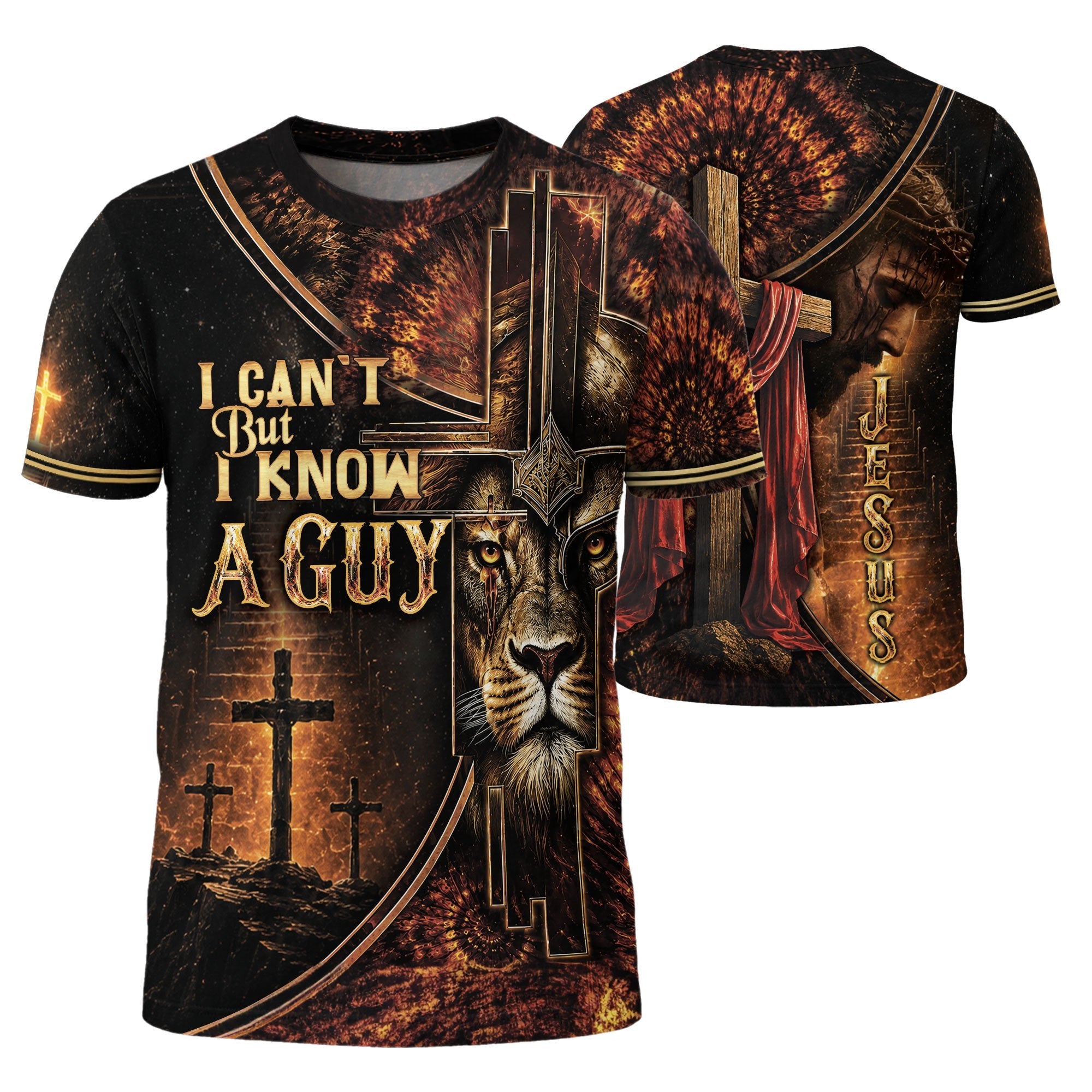 I Can't But I Know A Guy Lion Cross Christian Jesus Golden, Christian Shirts for Men - Christian Tee Shirts - Rust Field Wear
