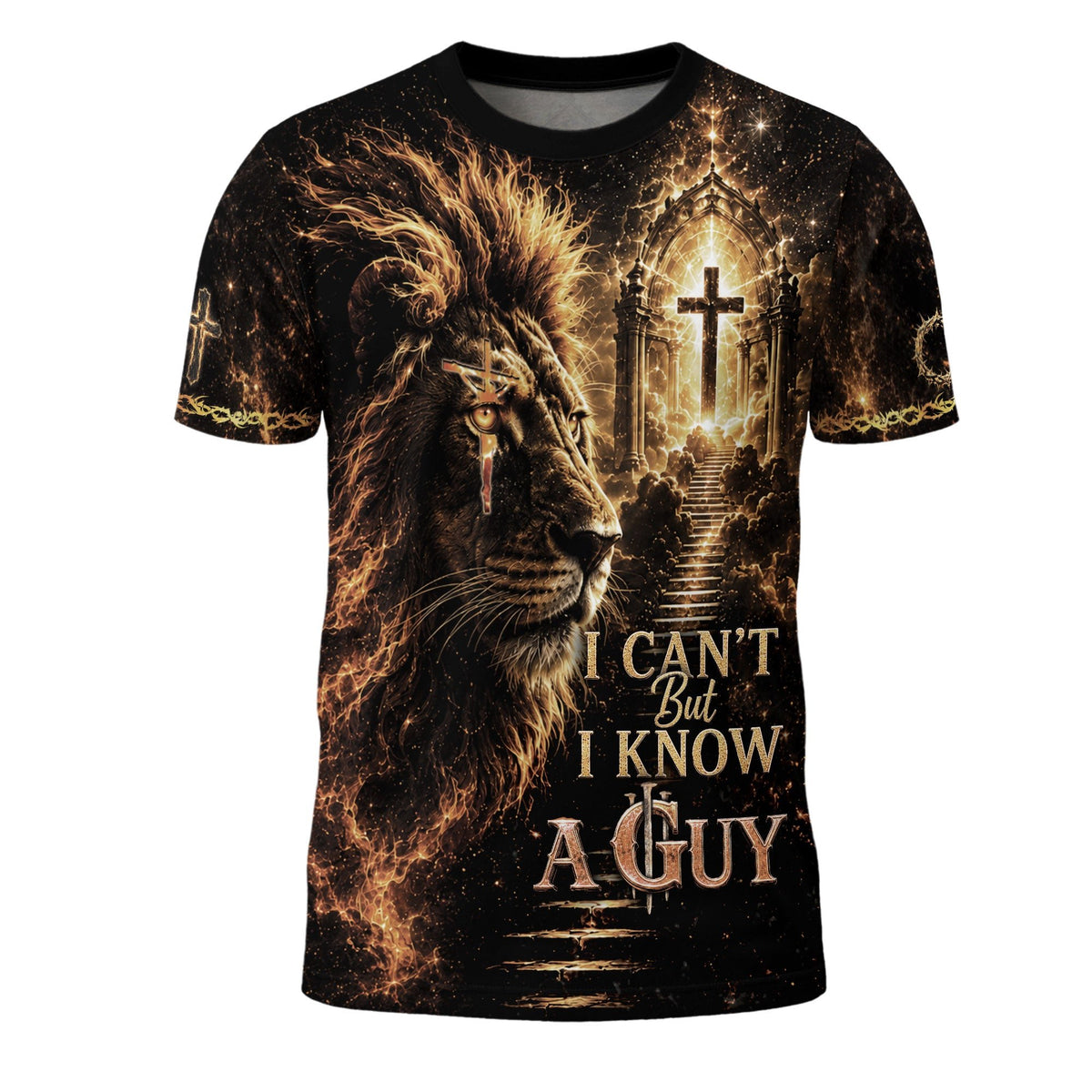 I Can't But I Know A Guy Lion Cross Christian Jesus Fiery - Christian Tee Shirts, Christian Shirts for Men - Rust Field Wear