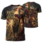Faith Over Fear Shirt Christian Lion Cross Jesus 3D All Over Print Graphic Men T-Shirt
