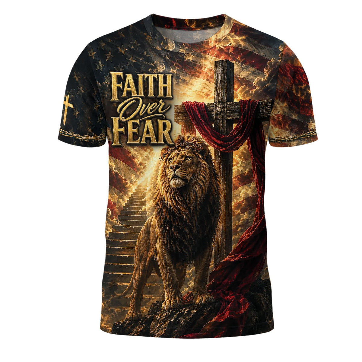 Faith Over Fear Shirt Christian Lion Cross Jesus 3D All Over Print Graphic Men T-Shirt - Rust Field Wear