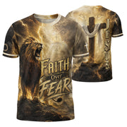 Faith Over Fear Jesus Shirt Christian Lion Cross 3D All Over Print Graphic Men Tee Shirt