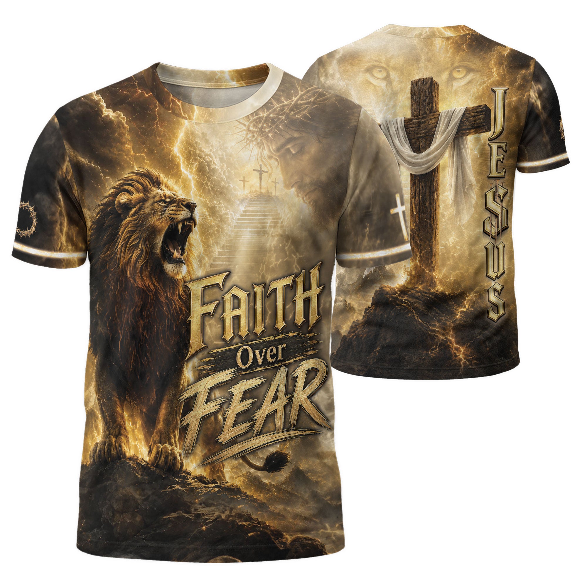 Faith Over Fear Jesus Shirt Christian Lion Cross 3D All Over Print Graphic Men Tee Shirt