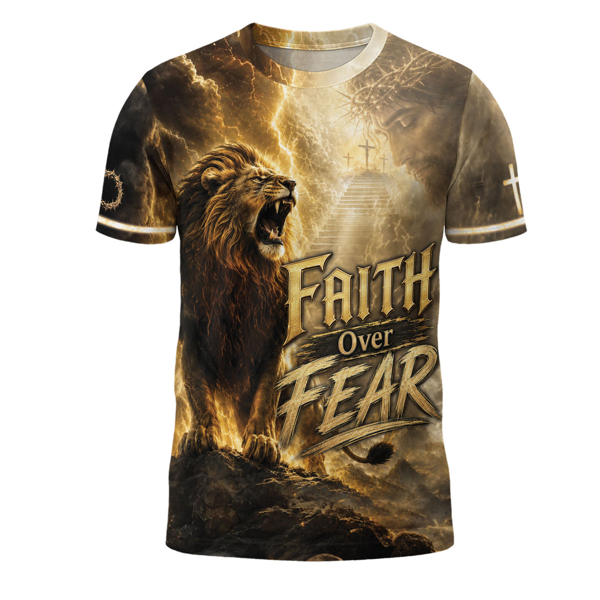 Faith Over Fear Jesus Shirt Christian Lion Cross 3D All Over Print Graphic Men Tee Shirt - Rust Field Wear