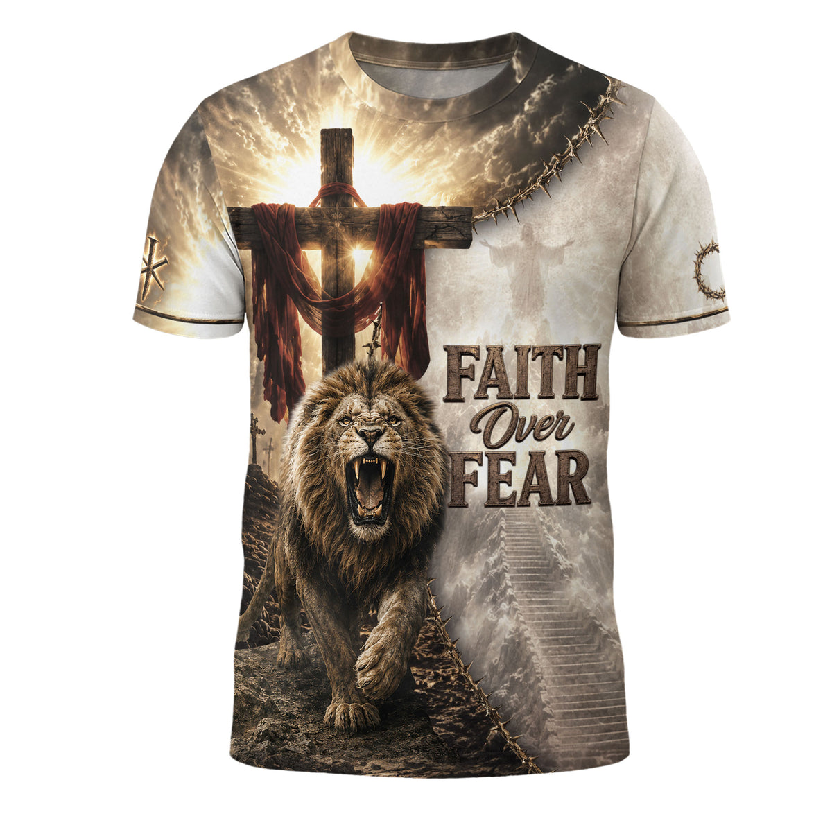 Faith Over Fear Jesus Shirt Bold Christian Lion Angel Wings Cross 3D All Over Print Men - Rust Field Wear