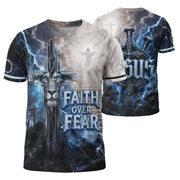 Faith Over Fear Jesus Shirt Blue Lightning Lion Cross 3D All Over Print Christian Men Apparel