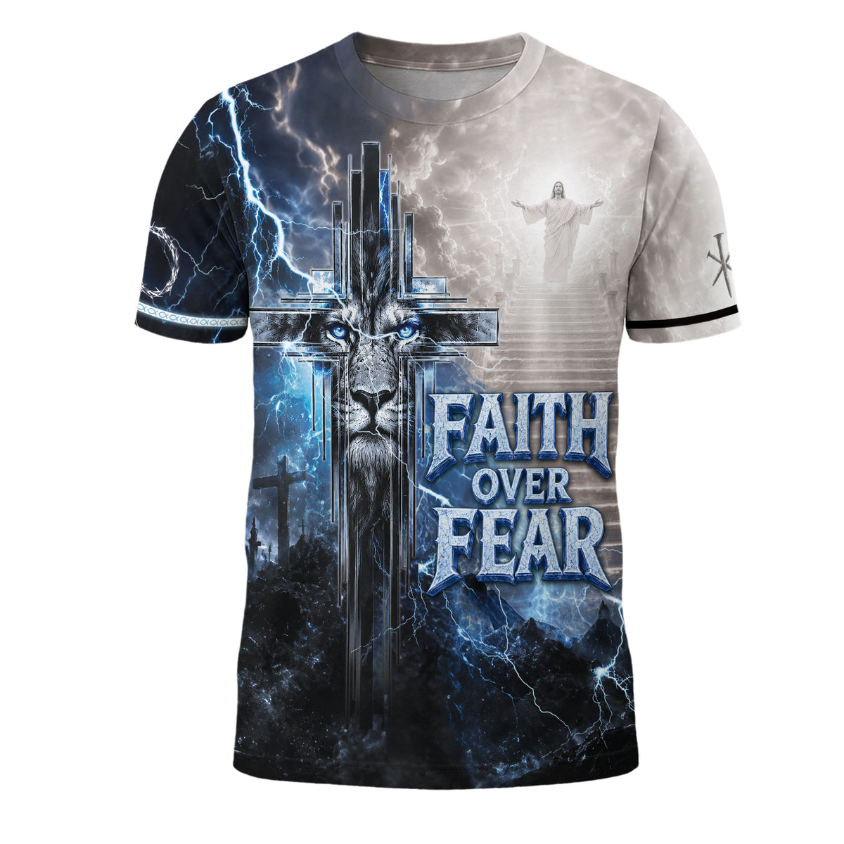 Faith Over Fear Jesus Shirt Blue Lightning Lion Cross 3D All Over Print Christian Men Apparel - Rust Field Wear