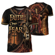 Faith Over Fear Lion Cross Christian Jesus Golden Graphic - Christian Tee Shirts, Christian Shirts for Men - Rust Field Wear