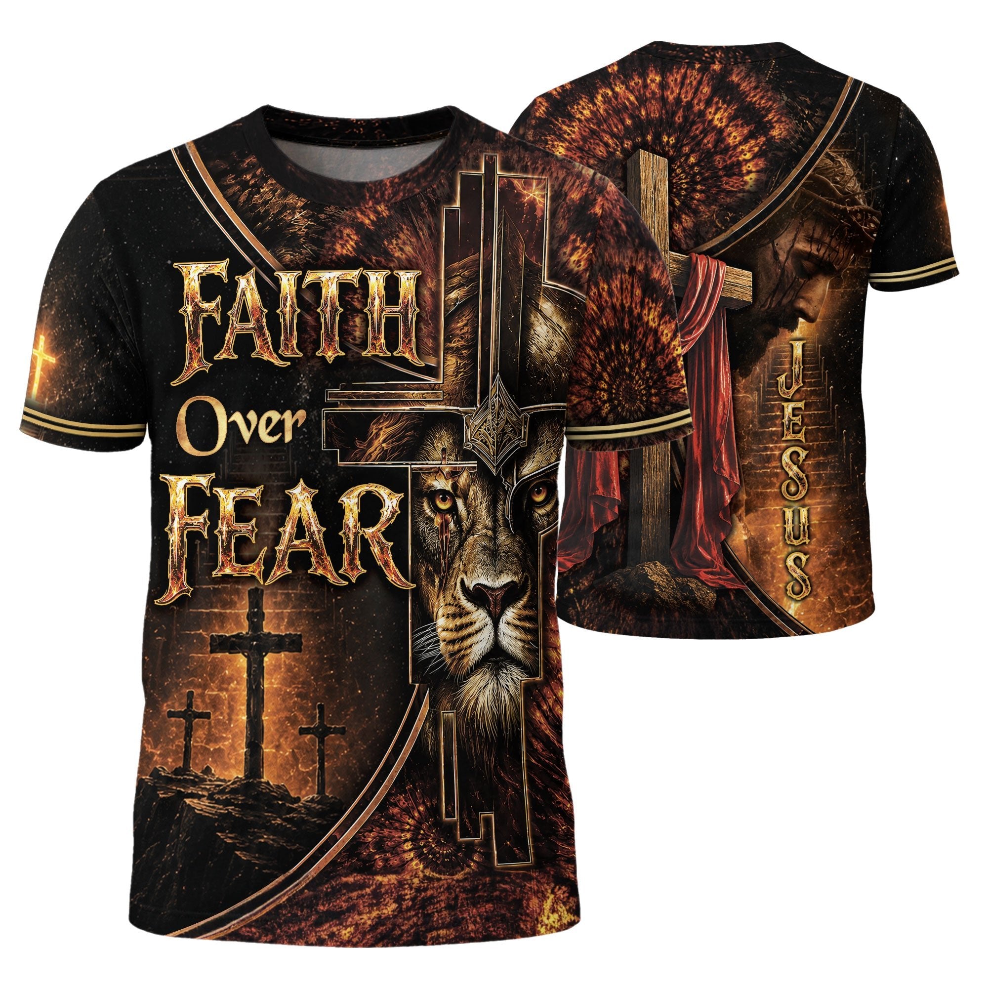 Faith Over Fear Lion Cross Christian Jesus Golden Graphic - Christian Tee Shirts, Christian Shirts for Men - Rust Field Wear