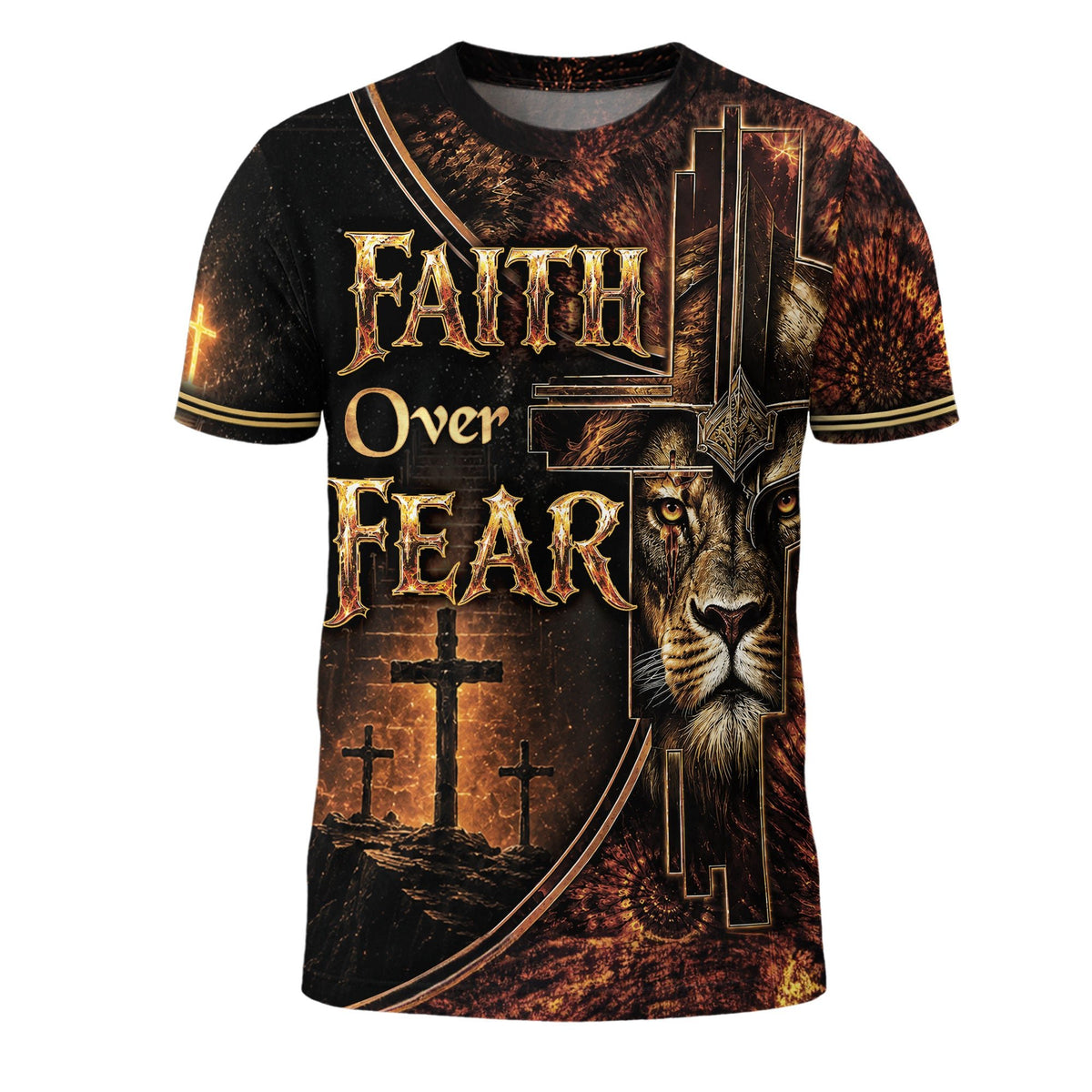 Faith Over Fear Lion Cross Christian Jesus Golden Graphic - Christian Tee Shirts, Christian Shirts for Men - Rust Field Wear