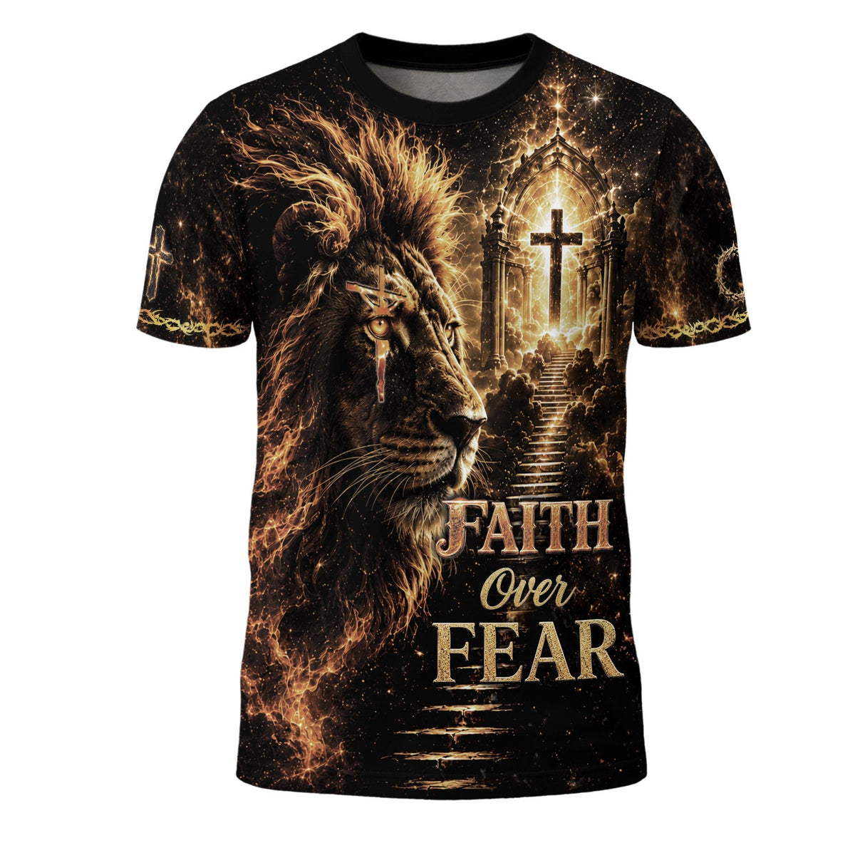 Christian Tee Shirts, Christian Shirts for Men - Faith Over Fear Lion Cross Christian Jesus Fiery Graphic - Rust Field Wear